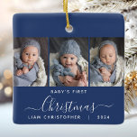 Ornement En Céramique Bébé 1er Noël Marine Bleu 3 Script photo<br><div class="desc">Aidez-les à commémorer le premier Noël de leur petit-enfant avec ce magnifique ornement moderne de gardien. Le texte blanc indique "Le premier Noël du bébé", avec le mot "Noël" dans un élégant script d'écriture manuscrite avec des fioritures avant et après sur un arrière - plan bleu marine. Remplacez les trois...</div>
