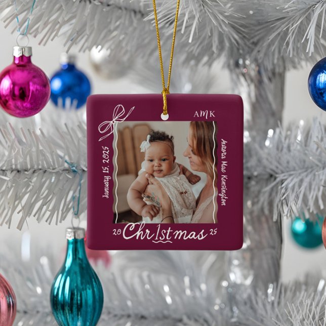 Ornement En Céramique Bébé 1er Noël Mini main dessinée Scribble Bow (Baby 1st Christmas Minimal Hand Drawn Scribble Bow Ceramic Ornament)