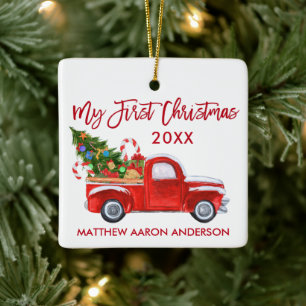 Ornement En Céramique Bébé Mon Premier Noël Camion Canneberges Rouge