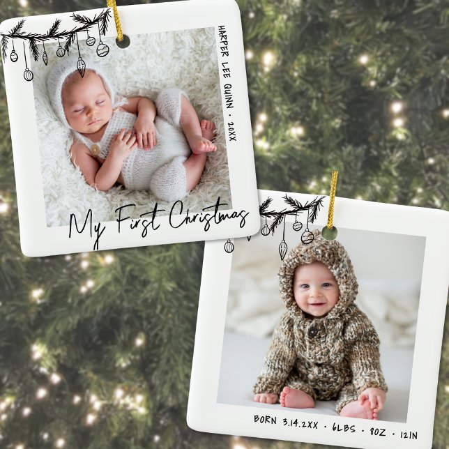 Ornement En Céramique Bébé noir blanc Ma première photo de Noël (Baby Black White My First Christmas Photo Ceramic Ornament)