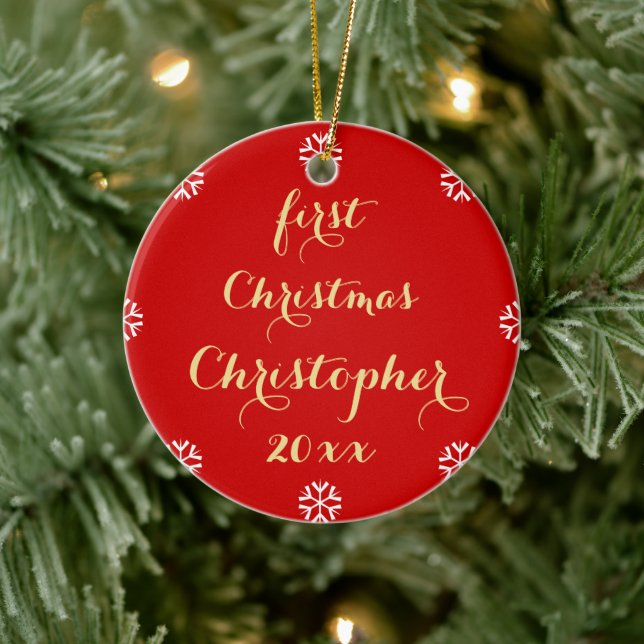 Ornement En Céramique Bébé personnalisé First Christmas Faux Gold Script (Arbre)