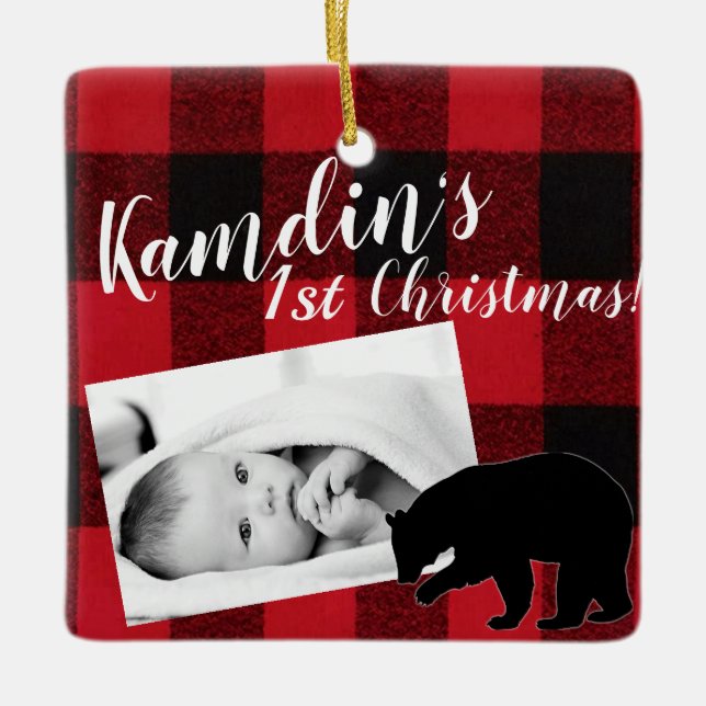 Ornement En Céramique Bébé personnalisé XMAS Ornament Rouge Buffalo Plai (Devant)
