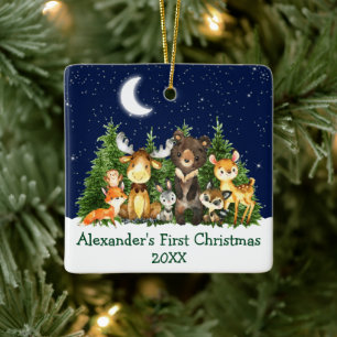 Ornement En Céramique Bébé Première Noël Aquarelle Forêt Animaux