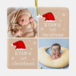 Ornement En Céramique Bébé`s 1er Noël 2 Photos Santa Hat Snowflake<br><div class="desc">Baby`s First Christmas 2 Photos Santa Hat Snowflake Beige Céramique Ornement. Premier design de Noël du bébé mignon avec chapeau de Père Noël rouge,  flocons de neige,  un nom de bébé dans un script blanc une photo de bébé - personnalisez avec le nom et les photos de votre bébé.</div>