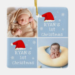 Ornement En Céramique Bébé`s 1er Noël 2 Photos Santa Hat Snowflake<br><div class="desc">Baby`s First Christmas 2 Photos Santa Hat Snowflake Blue Ceramic Ornement. Premier design de Noël du bébé mignon avec chapeau de Père Noël rouge,  flocons de neige,  un nom de bébé dans un script blanc une photo de bébé - personnalisez avec le nom et les photos de votre bébé.</div>