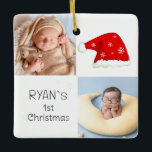 Ornement En Céramique Bébé`s 1er Noël 2 Photos Santa Hat Snowflake<br><div class="desc">Baby`s First Christmas 2 Photos Santa Hat Snowflake Blue Ceramic Ornement. Premier design de Noël du bébé mignon avec chapeau de Père Noël rouge,  flocons de neige,  un nom de bébé dans un script blanc une photo de bébé - personnalisez avec le nom et les photos de votre bébé.</div>