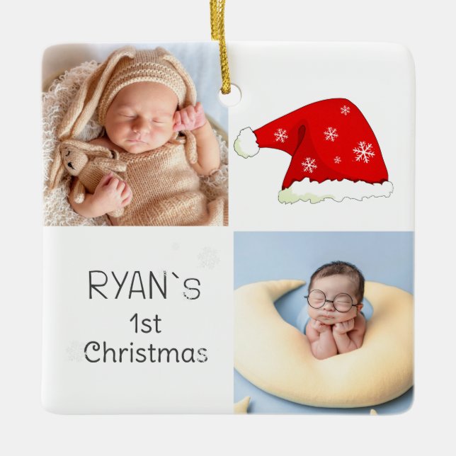 Ornement En Céramique Bébé`s 1er Noël 2 Photos Santa Hat Snowflake (Devant)