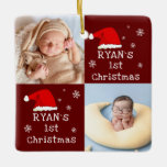 Ornement En Céramique Bébé`s 1er Noël 2 Photos Santa Hat Snowflake<br><div class="desc">Baby`s First Christmas 2 Photos Santa Hat Flocon de neige Ornement en céramique rouge. Premier design de Noël du bébé mignon avec chapeau de Père Noël rouge, flocons de neige, un nom de bébé dans un script blanc une photo de bébé - personnalisez avec le nom et les photos de...</div>