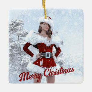 Ornement En Céramique Belle femme de Noël au-dessus de la neige hivernal