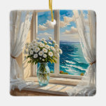 Ornement En Céramique Belle Scène Océanique | Joyeux Noël<br><div class="desc">Un joli vase de fleurs sur une table devant une fenêtre donnant sur l'océan. Des rideaux blancs éclatants dans la brise. L'art Ai.</div>