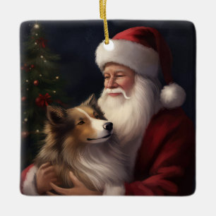 Ornement En Céramique Berger des Shetland Santa Claus Noël Fêtard
