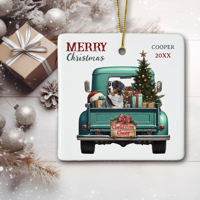 Ornement En Céramique Bernese Mountain Dog Retro Truck Christmas (Créateur téléchargé)