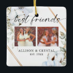 Ornement En Céramique Best Friends 2 photo Collage Boho Floral Christmas<br><div class="desc">Boho chic Meilleurs amis pour toujours,  ornement BFF avec 2 photo collage carré. Le texte des meilleurs amis est en belle écriture à la main et la police de script de style calligraphie. Coussin personnalisé qui fait un grand cadeau pour votre BFF avec cadre géomatrique.</div>