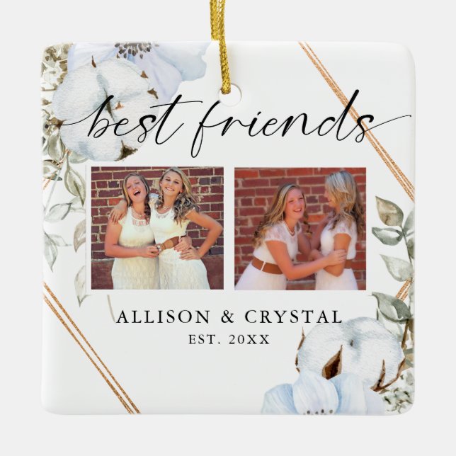 Ornement En Céramique Best Friends 2 photo Collage Boho Floral Christmas (Devant)