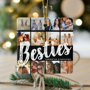 Ornement En Céramique BESTIES, Collage de photos et noms   Noël BFF