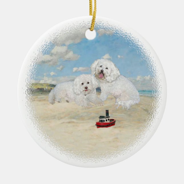 Ornement En Céramique Bichons à la Plage (Devant)