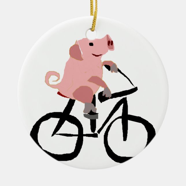 Ornement En Céramique Bicyclette rose drôle d'équitation de porc (Devant)