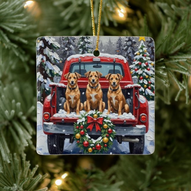 Ornement En Céramique Biewer Terrier Christmas Red Truck Holiday (Arbre)