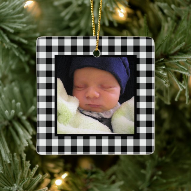 Ornement En Céramique Bison noir et blanc Plaid Baby's 1er Christmas (Arbre)