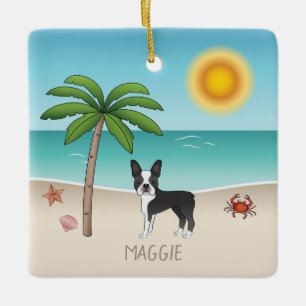 Ornement En Céramique Black Boston Terrier À Une Plage Tropicale D'Été