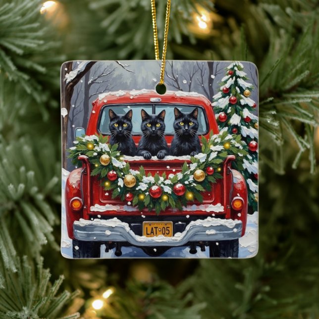 Ornement En Céramique Black Cat Christmas Red Truck Holiday (Arbre)