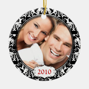Ornement En Céramique Black Damask Your Photo Christmas Orament