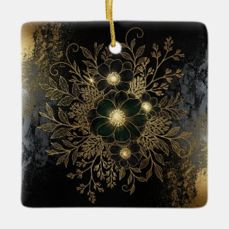 Ornement En Céramique Black & Gold Floral Ornament with Luxe Metallic De