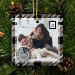 Ornement En Céramique Black Tartan Plaid Delivery Parcel 2 Photo Family<br><div class="desc">Black & white tartan plaid delivery parcel 2 photo family ornament. The design features a faux black and white tartan plaid texture design with hints of yellow and pink. Simple white twine and bow complete this simple parcel theme Christmas family photo ornament. Personalize with two special photos, one on each...</div>