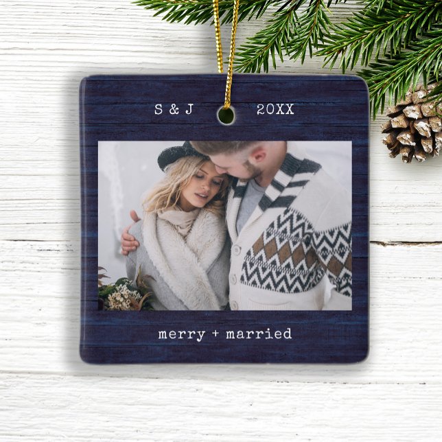 Ornement En Céramique Bleu de machine à écrire rustique | Joyeuse photo  (An elegant, rustic blue wood look photo ornament is the perfect keepsake for your wedding)