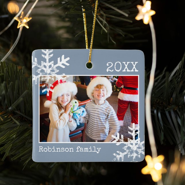Ornement En Céramique Bleu Dusty Frontière White Snowflakes Holiday (Rustic snowflake family holiday keepsake photo ornament perfect for gifts to bring joy to others.)
