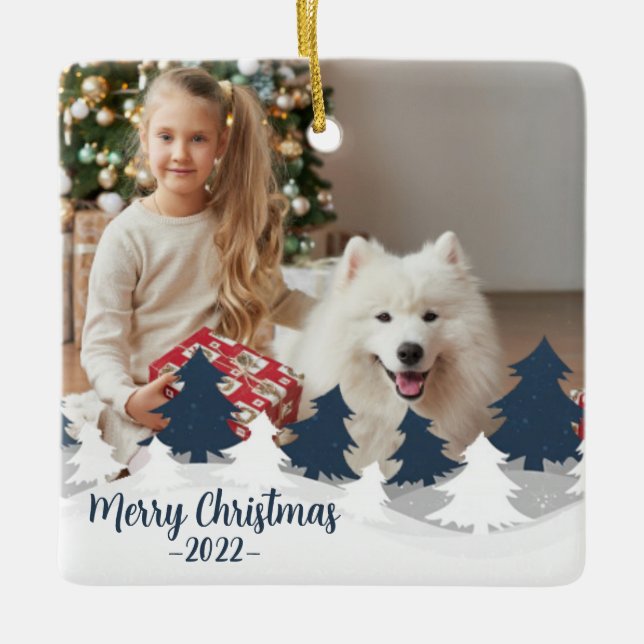 Ornement En Céramique Bleu et blanc Deux arbres de Noël photo (Devant)