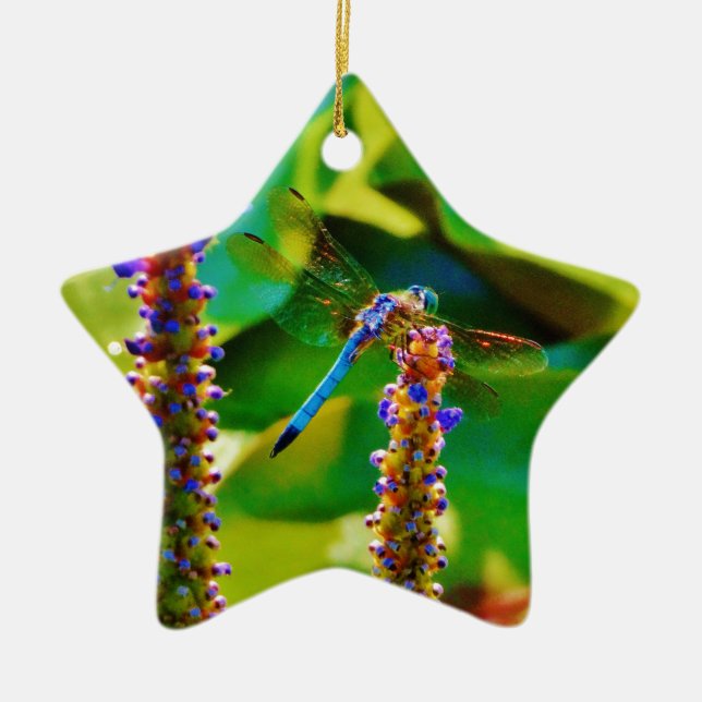 Ornement En Céramique Bleu libellule et fleurs (Devant)