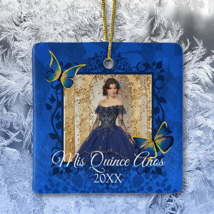 Ornement En Céramique Bleu, Papillons d'or Quinceanera Photo