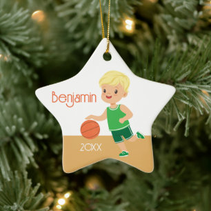 Ornement En Céramique Blonde mignonne Basketball de garçon Noël personna