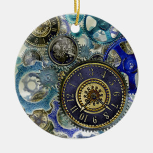 Ornement En Céramique Blue aqua steampunk gears, cogs, clock faces