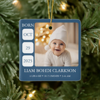 Ornement En Céramique Blue Baby Boy Birth Stats Photo Ornament Keepsake