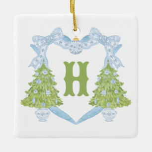 Ornement En Céramique Blue Chinoiserie Arbre de Noël Monogram Crest