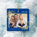 Ornement En Céramique Blue Family Photo Christmas Beach Starfish<br><div class="desc">This beach inspired Christmas ornament with blue background and white text makes a great annual holiday keepsake, easily customized for a unique gift with the photo and text templates. Holiday watercolor sprigs of holly, pine, and starfish in two corners frame the photo on both sides. Please contact me through Zazzle...</div>