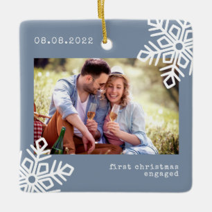 Ornement En Céramique Blue First Christmas Engagé Snowflake Photo
