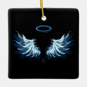 Ornement En Céramique Blue Glowing Angel Wings on black background
