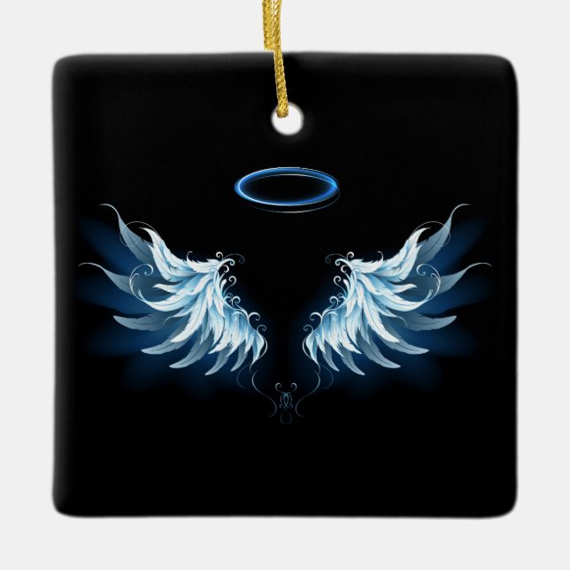 Ornement En Céramique Blue Glowing Angel Wings on black background (Devant)