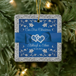 Ornement En Céramique Blue, Grey Love Hearts Mariage 1er Noël