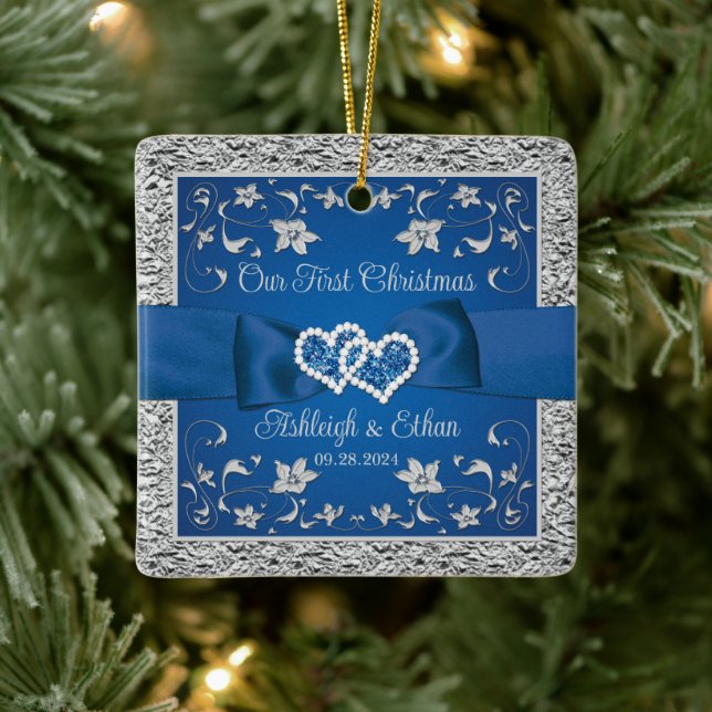 Ornement En Céramique Blue, Grey Love Hearts Mariage 1er Noël (Arbre)