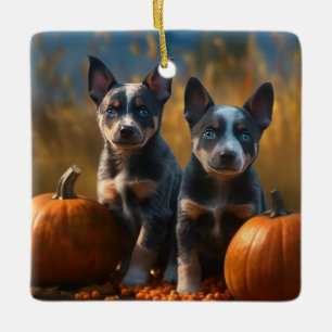 Ornement En Céramique Blue Heeler Chiot Automne Citrouille de plaisir