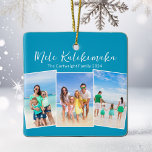 Ornement En Céramique Blue Mele Kalikimaka Beach Trier Photo Noël<br><div class="desc">Chic personnalisable plage famille photo collage ornement de Noël avec votre photo tropicale préférée au soleil. Ajoutez 3 photos verticales de votre voyage préféré de vos vacances sur l'île à la côte. Un beau cadeau de vacances côtier avec joli script bleu au-dessus des trois photos.</div>
