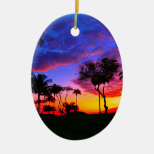 Ornement En Céramique Blue Red Sunset Exotic Hawaiian Beach Palm Trees