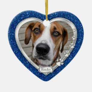 Ornement En Céramique Blue Silver Heart Pet Dog Memorial Photo Noël