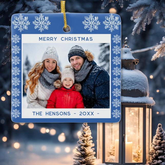 Ornement En Céramique Blue Snowflake Joyeux Noël Photo de famille (Créateur téléchargé)