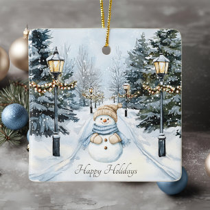 Ornement En Céramique Blue Winter Neige Aquarelle Snowman Joyeux Vacance