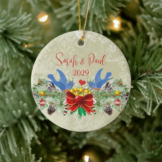 Ornement En Céramique Bluebirds Garland Pinecones Noël et photo (Arbre)